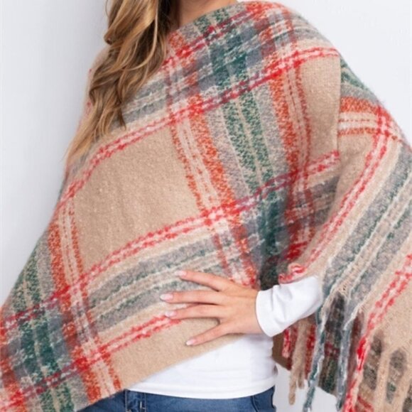 PLAID PRINT FRINGE SWEATER SHAWL PONCHO - Picture 3 of 7